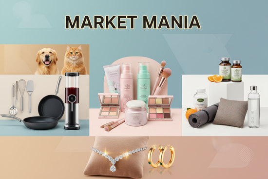 HELP ME TO GENERATE EYE CATCHING BANNER FOR A STORE WITH KITCHEN,AUTOMATIC WINE,KITCHEN,DOG,CAT,HEALTH,SKINCARE,JEWERLY,SKIN CARE USING THE STORE NAME MARKET MANIA MAKE IT EYECATCHING AND PROFESSIONAL