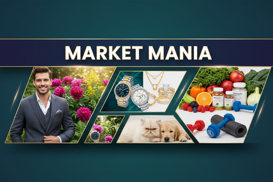 HELP ME GENERATE AN EYE CATCHING BANNER WITH MEN FASHION, JEWRELY, GARDEN, CAT, DOG,HEALTH MAKE IT EYE CATCHING AND PROFESIONAL USING MARKET MANIA S